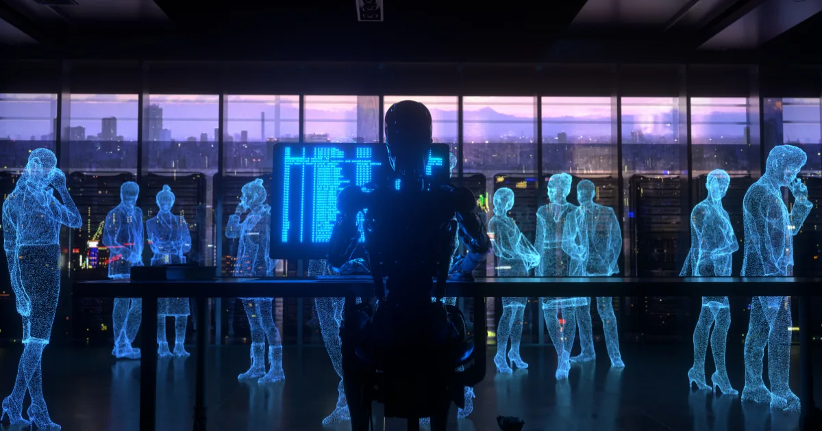 A robot at a desk working at a screen of figures while translucent blue figures queue around it