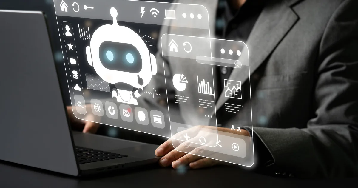 A person in a suit at a laptop with a floating dashboard showing a cartoon robot and charts