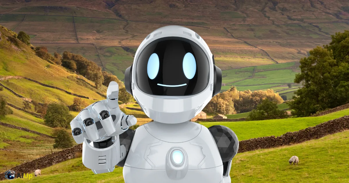 A white robot pointing at the viewer in front of a Yorkshire Dales valley with dry-stone walls and sheep