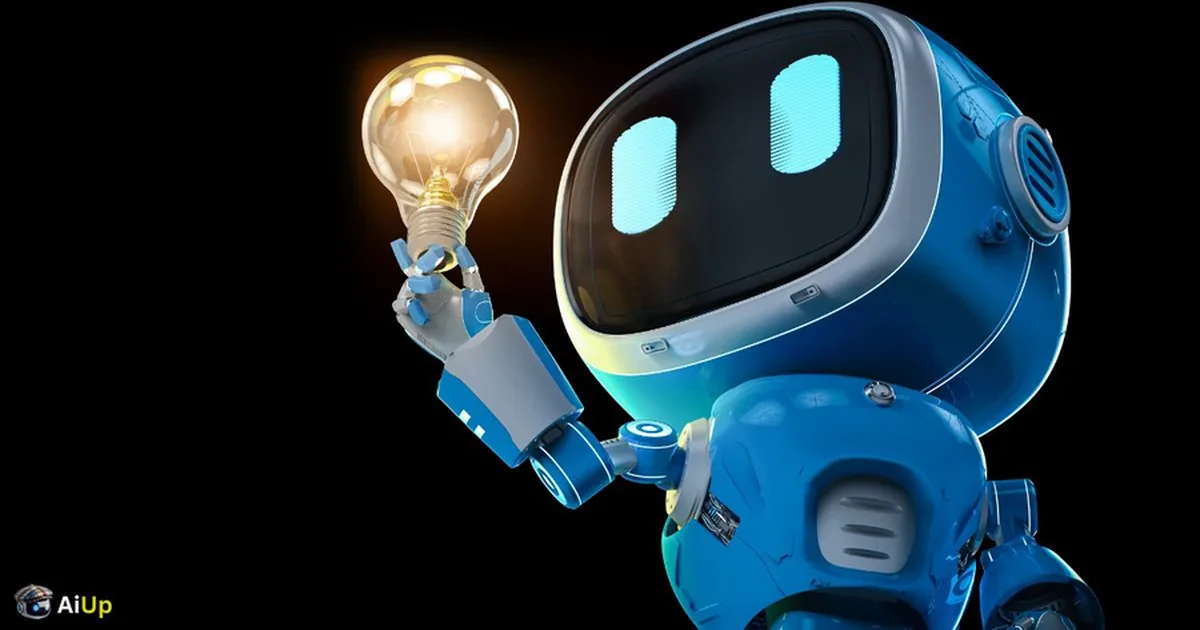 A small blue robot holding up a lit lightbulb