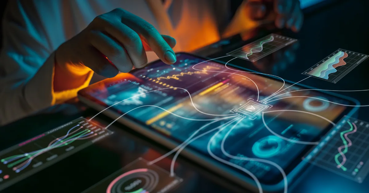 A hand tapping a tablet showing charts, with glowing lines connecting them to an AI chip