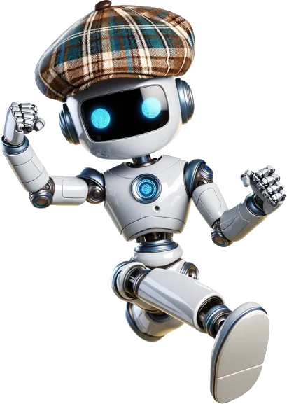 An Ai Up robot in a flat cap, sprinting at full pelt