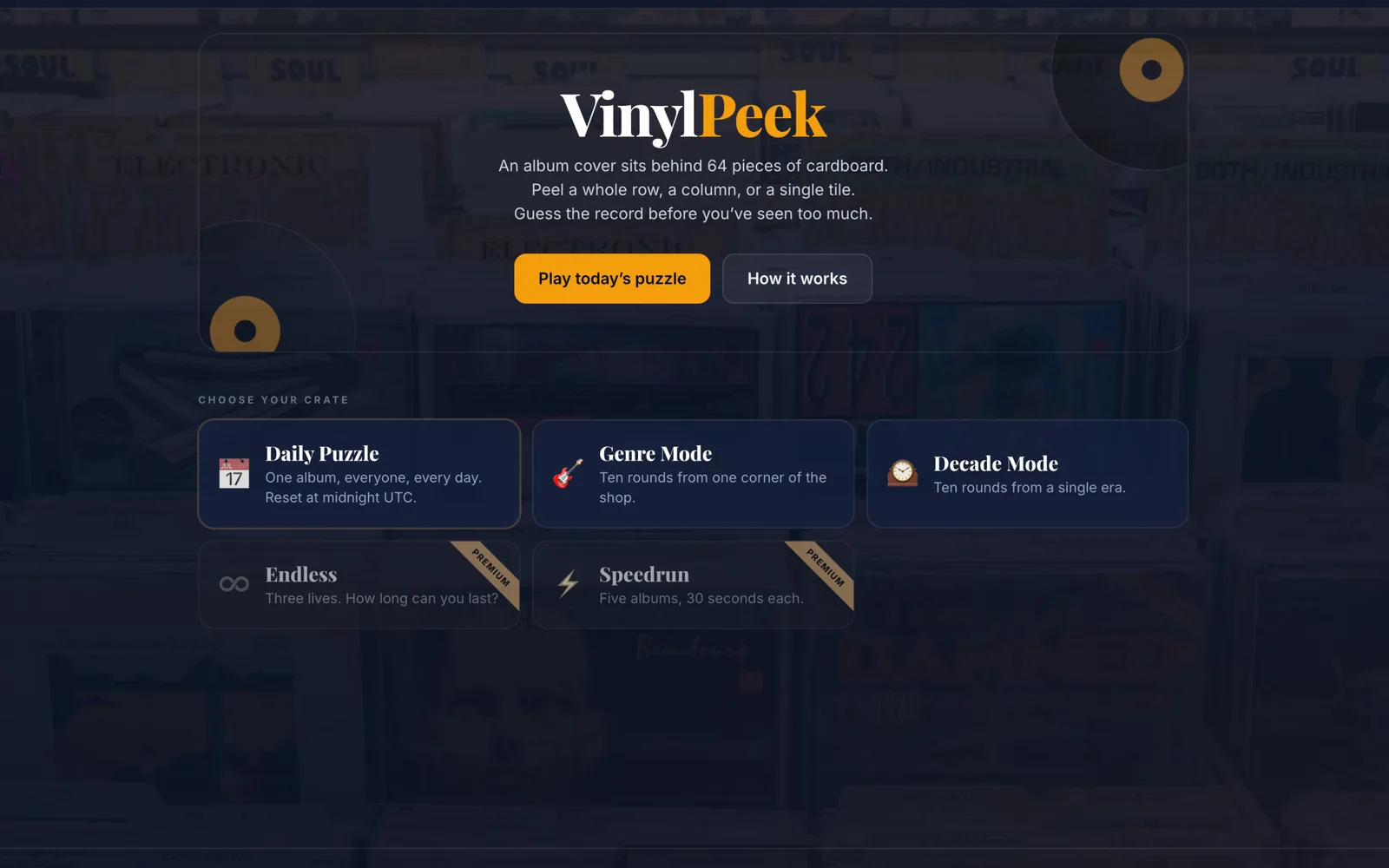The VinylPeek home page, showing the five game modes as cards